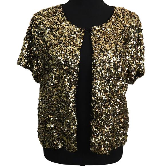 Chicos 2 Gold Sequin Rhinestone Cardigan Short Sleeve Bolero Jacket Large Party - Picture 1 of 8